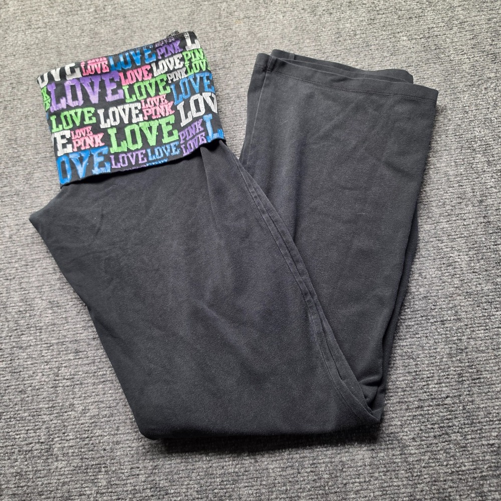 Vintage PINK Victoria Secret Foldover Yoga Pants Womens Large Black Flare Y2K